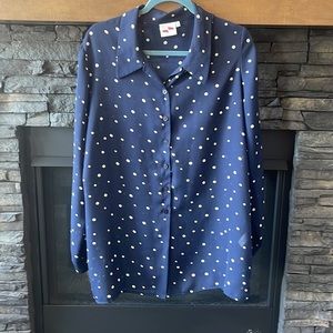 Gorgeous, sheer, navy blue‎ with white polkadot blouse